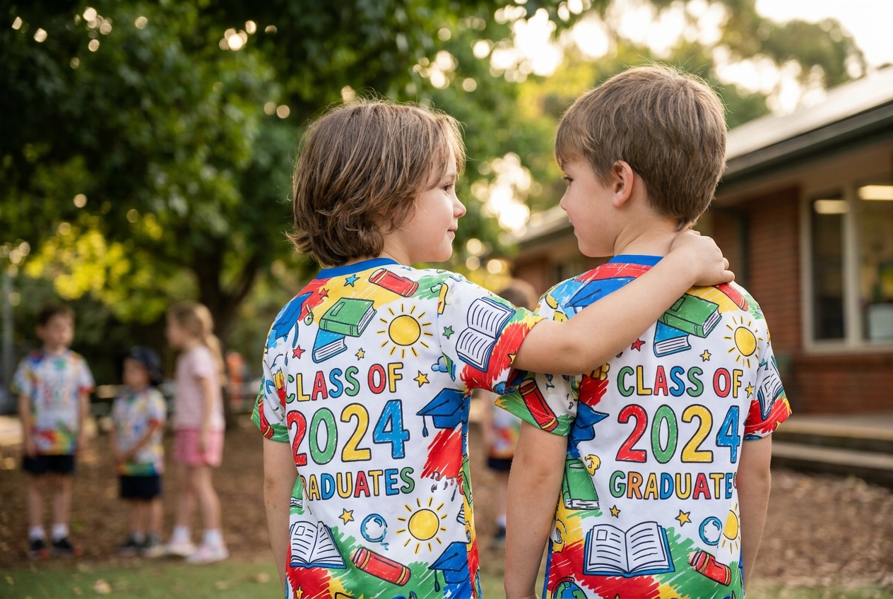 Zwei Grundschulkinder in bunten Abschluss-Shirts mit Klassenmotiv – bedruckt von Stoff³ Kassel